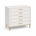 Cómoda Retangular de 5 Gavetas em MDF Lacado Branco e Dourado, 90 x 45 x 105 cm