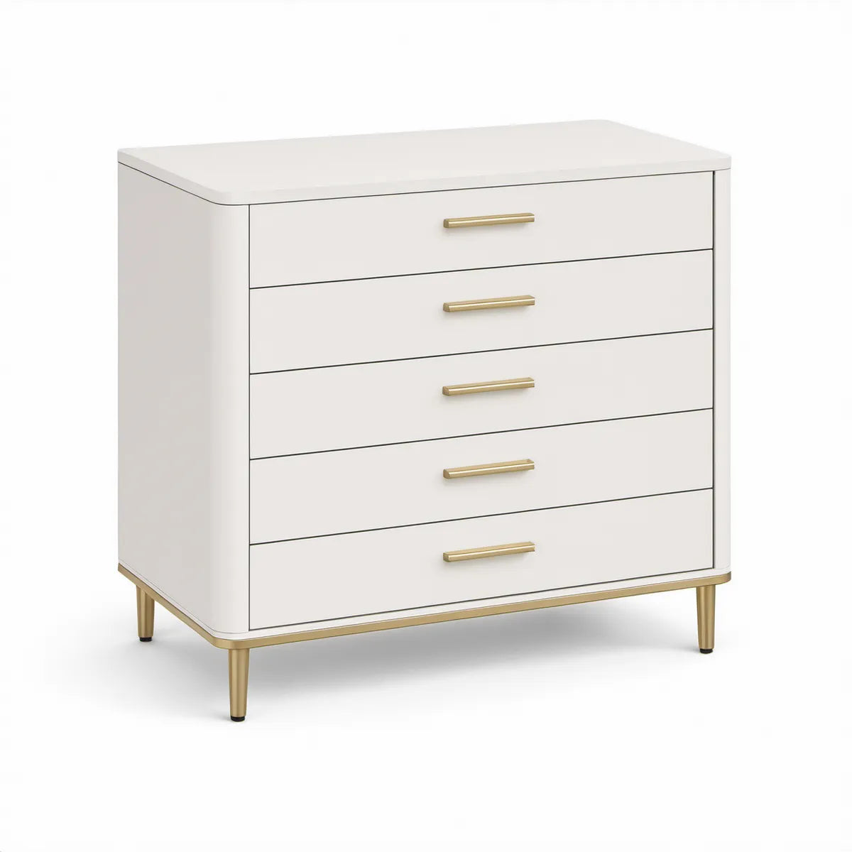 Cómoda Retangular de 5 Gavetas em MDF Lacado Branco e Dourado, 90 x 45 x 105 cm