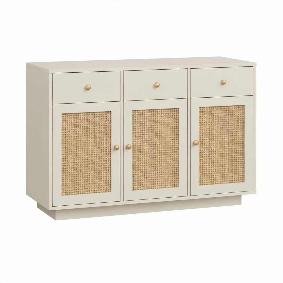 Aparador Retangular em MDF Lacado Bege com Palhinha de Rotim, 3 Portas e 3 Gavetas, 120 x 40 x 90 cm