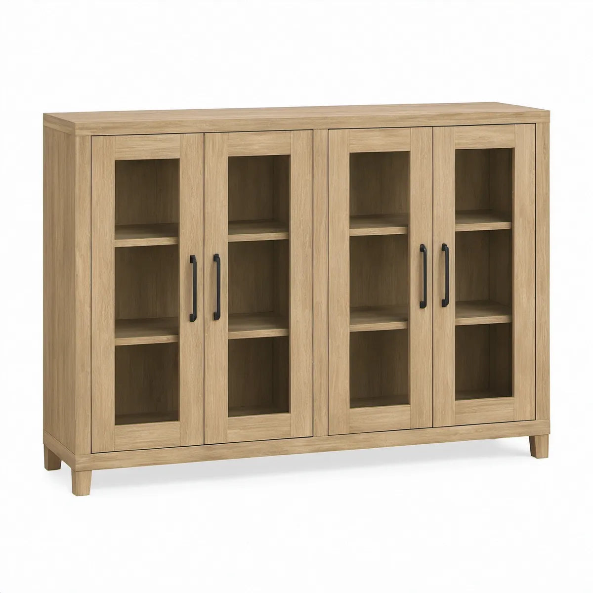Vitrine Retangular em MDF Carvalho Claro com 4 Portas de Vidro Temperado, 160 x 40 x 120 cm