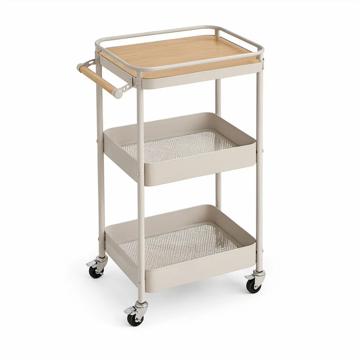 Carrinho de Cozinha com 3 Prateleiras em Aço e Bambu Bege, 44 × 35 × 78 cm
