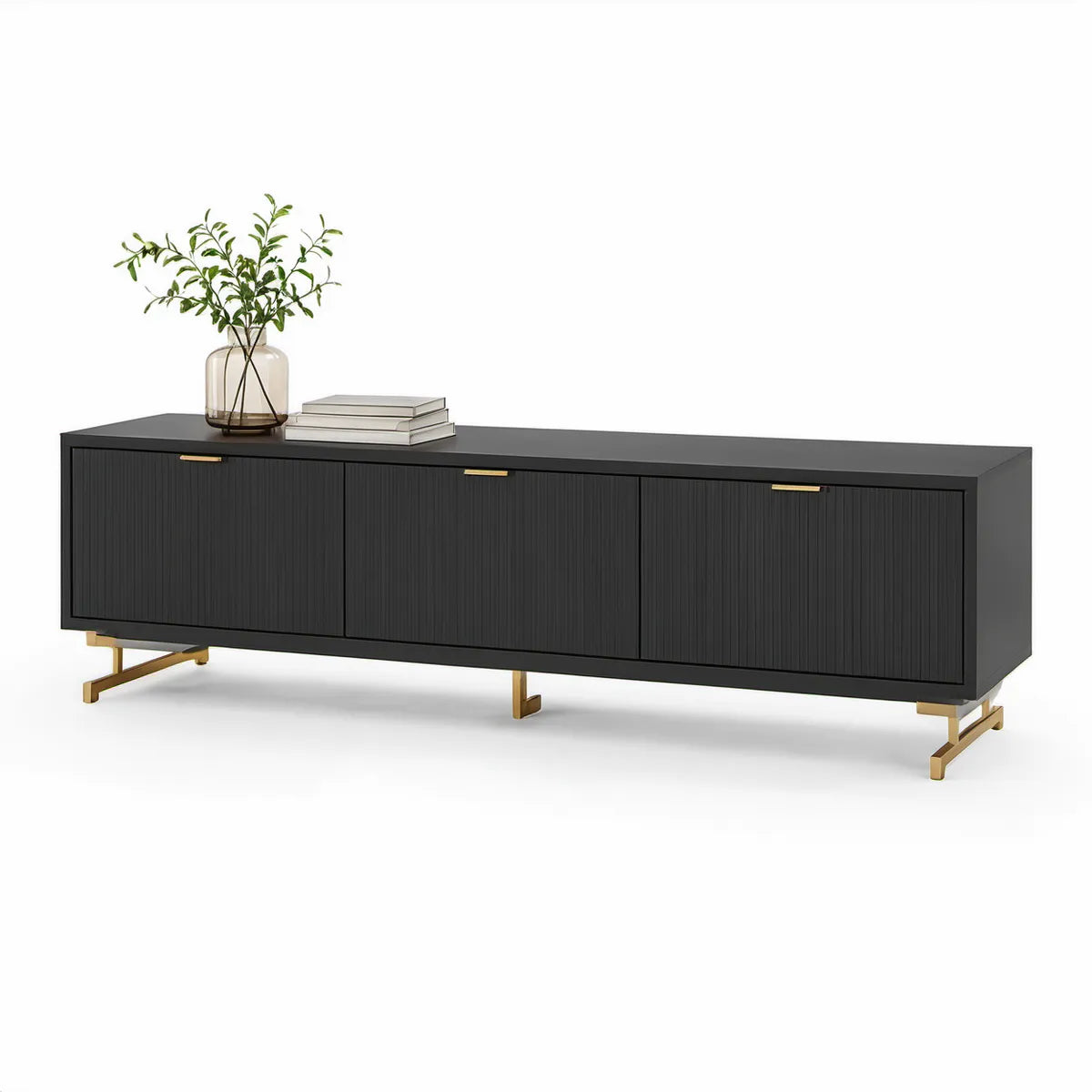 Aparador Retangular de 4 Portas em MDF Preto e Dourado, 180 x 40 x 75 cm