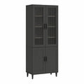 Armário Alto em MDF Preto com 4 Portas e Vidro Canelado, 80 x 40 x 180 cm