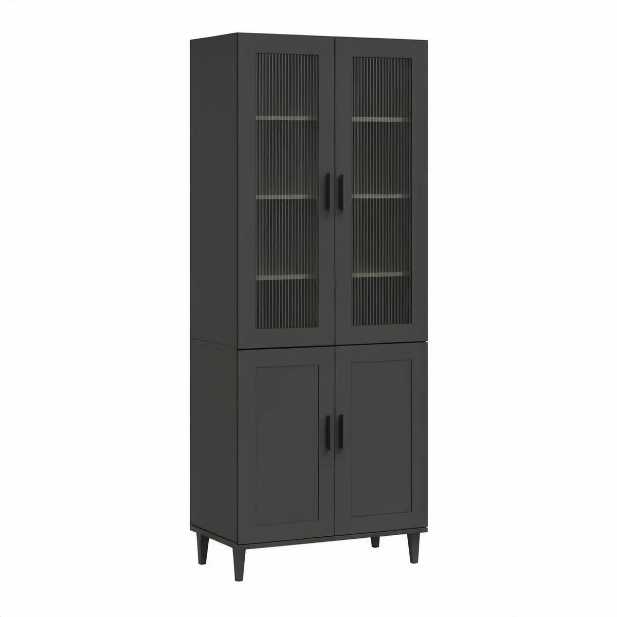 Armário Alto em MDF Preto com 4 Portas e Vidro Canelado, 80 x 40 x 180 cm