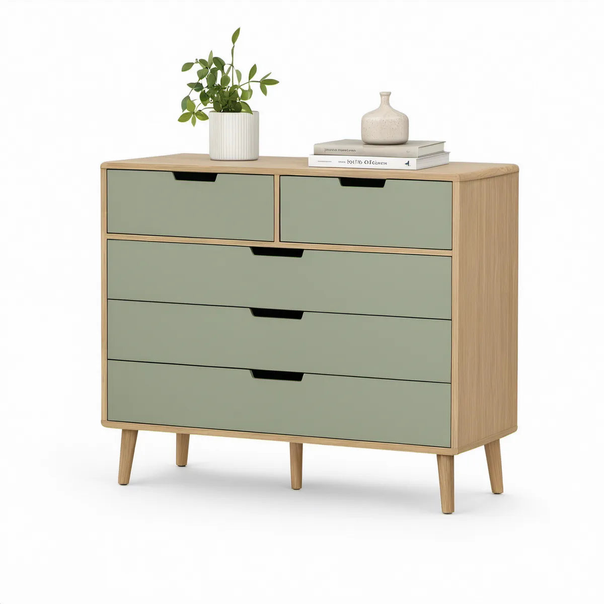 Cómoda de 6 Gavetas em Verde Sálvia e Carvalho Natural 100 x 40 x 90 cm