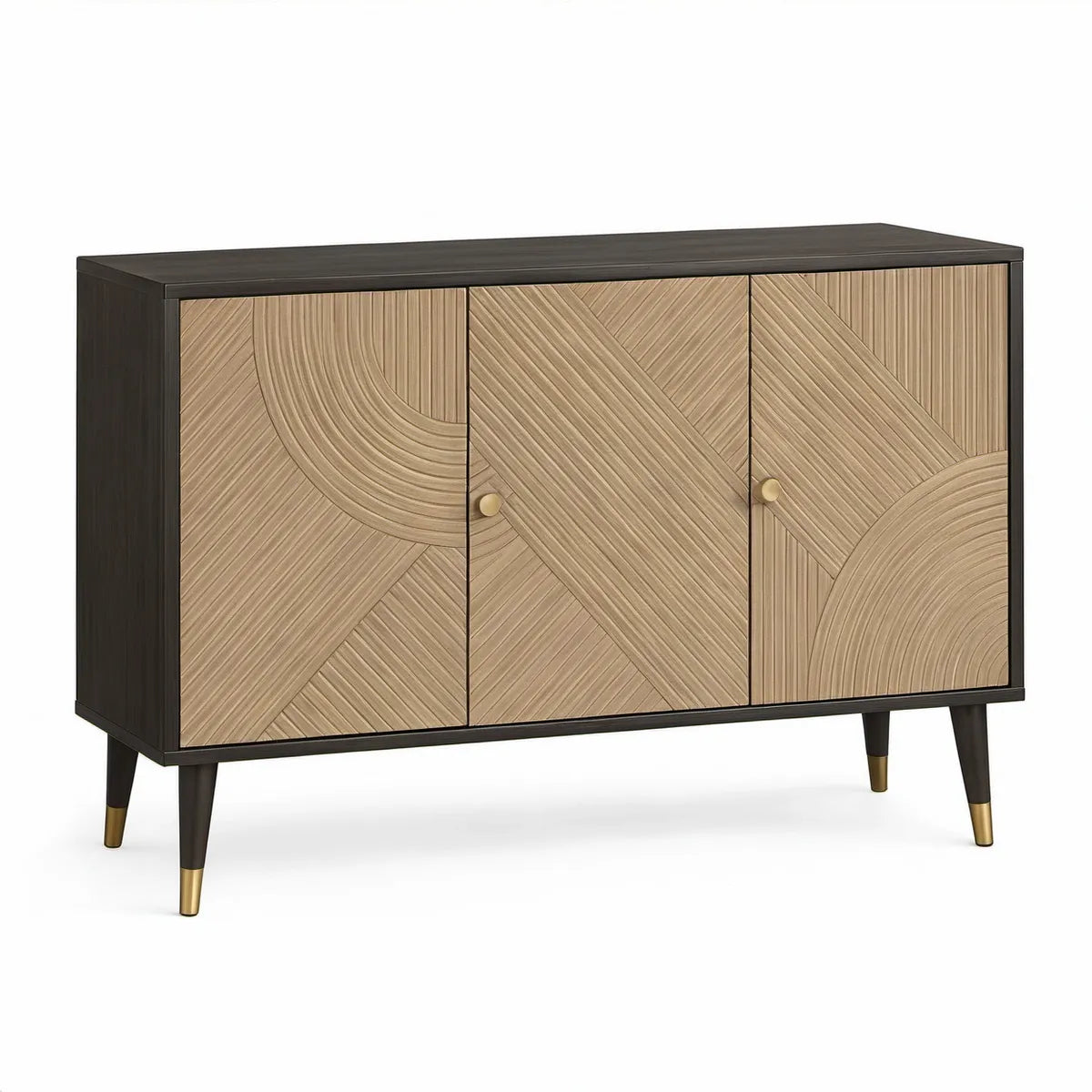 Aparador Retangular de 3 Portas em MDF Folheado a Carvalho Castanho Escuro, Natural e Dourado 120 x 40 x 80 cm