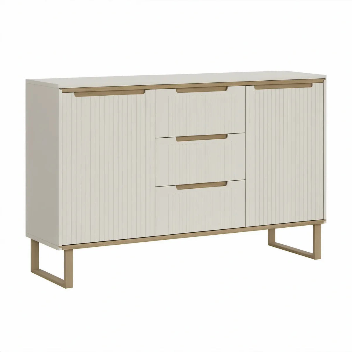 Aparador Retangular com 2 Portas e 3 Gavetas em MDF Bege-Claro e Aço Dourado, 160 x 40 x 90 cm
