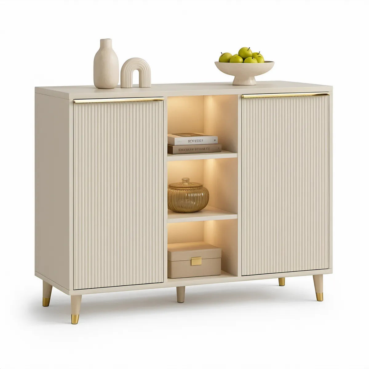 Aparador em MDF Bege e Dourado com 2 Portas Deslizantes e Iluminação LED, 120 x 40 x 90 cm