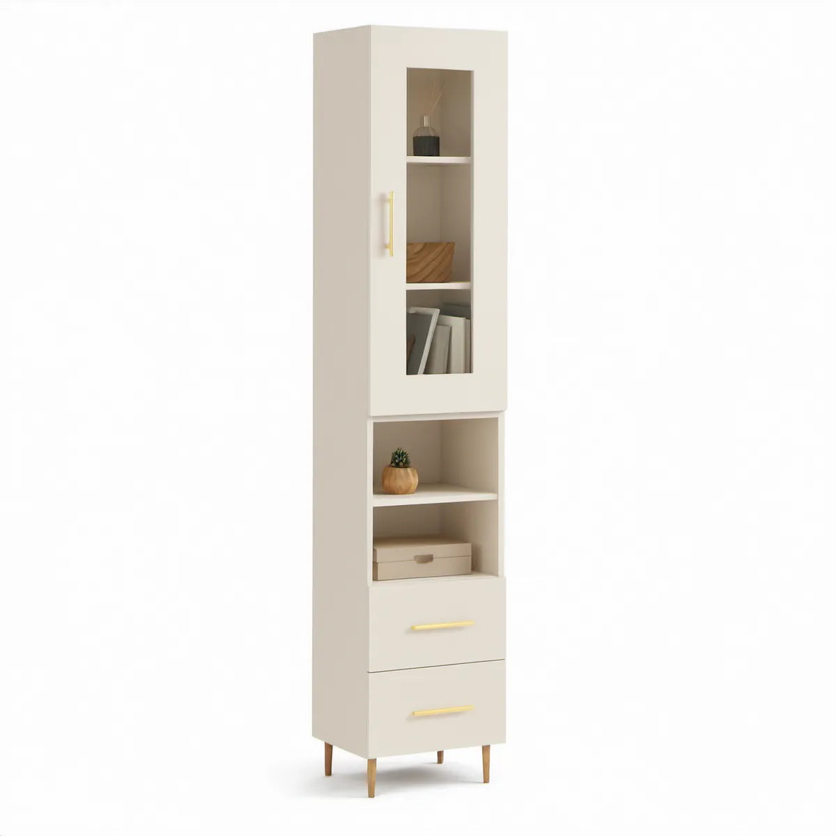 Armário Alto em MDF Branco e Dourado 60 x 40 x 180 cm com Porta, Nichos e 2 Gavetas